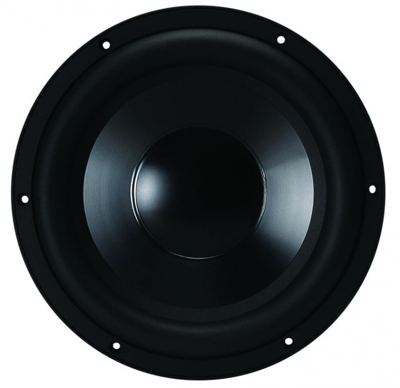 En stor, svart högtalare med rund kon och centrerad dom.