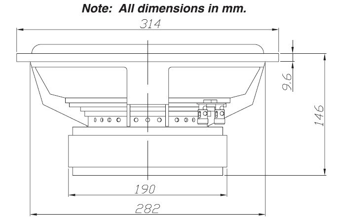 En teknisk ritning av Dayton Audio RSS315HF-4 med mått i millimeter.