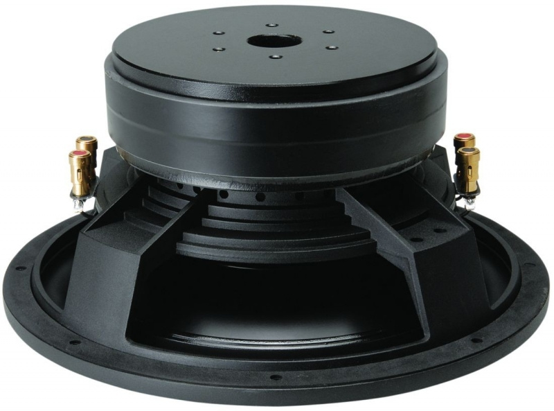 En kraftfull baslåda med en stor högtalare och anslutningar.