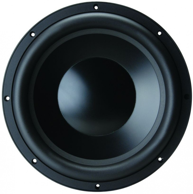 En svart subwoofer med konisk membran och solid ram.