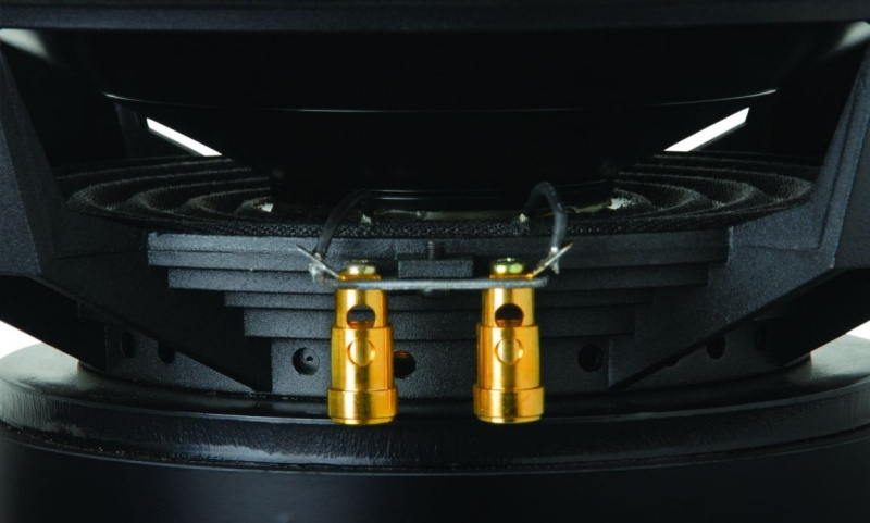 En högpresterande subwoofer med guldbelagda terminaler.