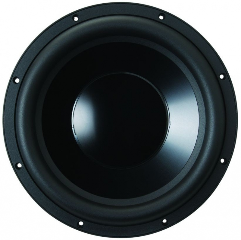 En rund subwoofer med svart yta och tydlig membranstruktur.