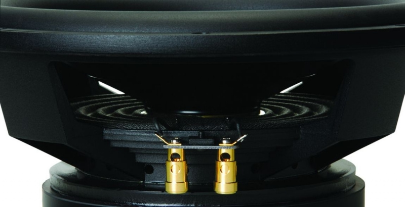 En 12-tums högtalare med kraftig konstruktion och anslutningsterminaler.