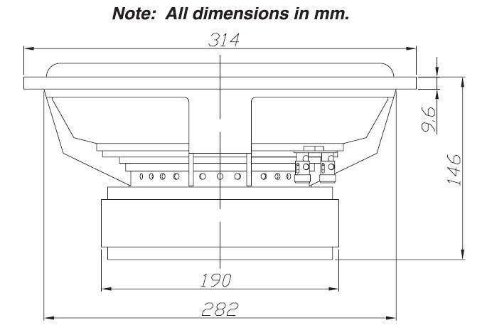 Ett tekniskt diagram av Dayton Audio RSS315HO-4 12-tums högtalare med dimensioner.