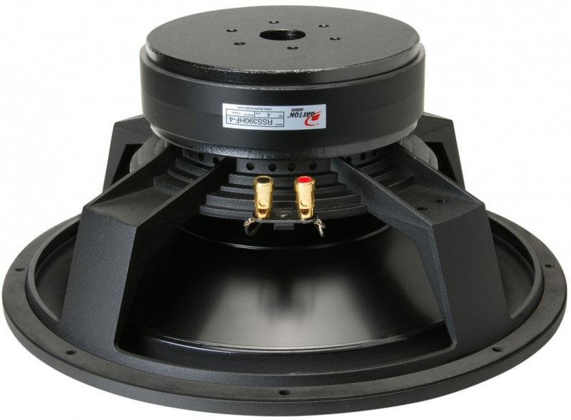 En stor högtalare med robust konstruktion och anslutningar.