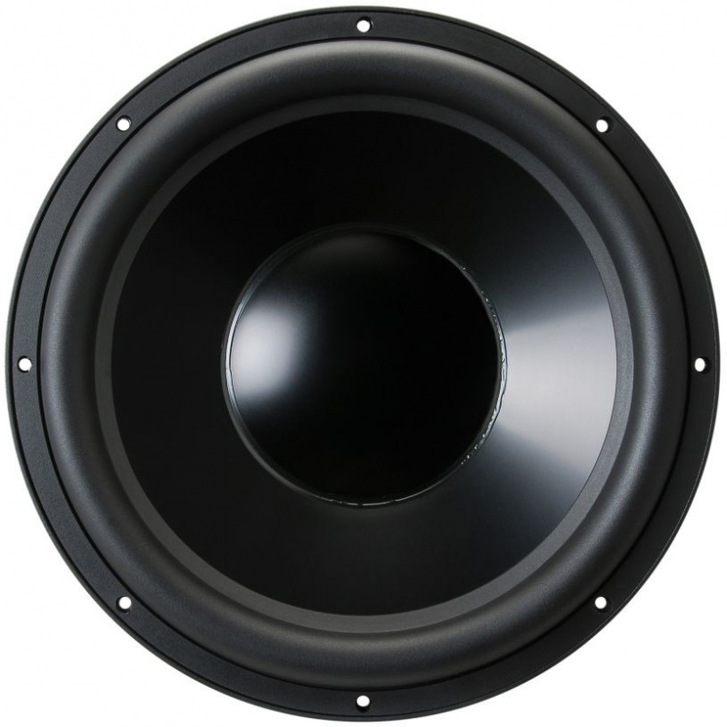 En stor subwoofer med en svart kon och rund ram.