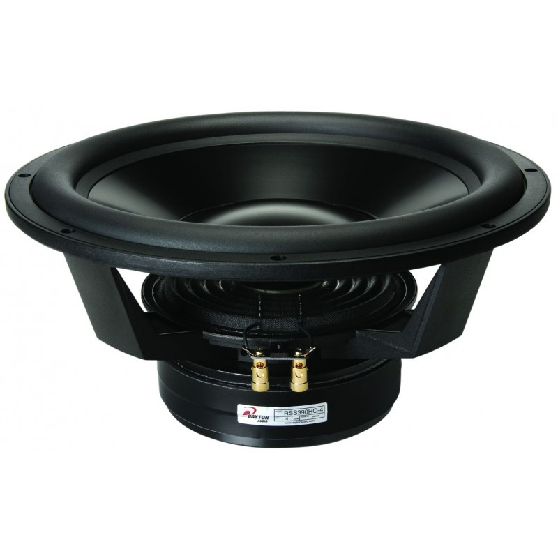 En stor subwoofer med svart kon och robust ram.