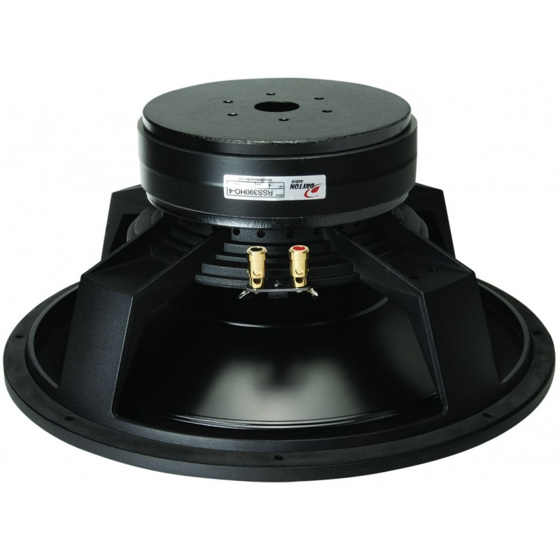 En subwoofer med stor, svart chassi och anslutningar för ljudsystem.