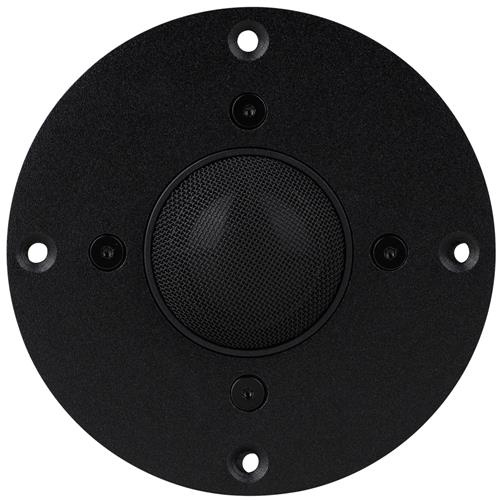 En rund diskant högtalare med svart yta och nätgrill.