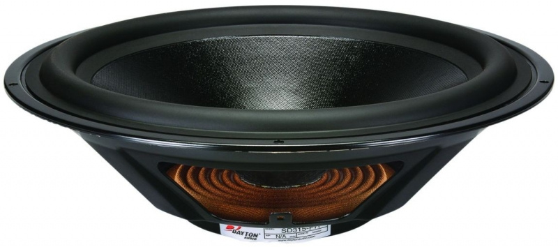 En svart bashögtalare med kon och spol i mitten.