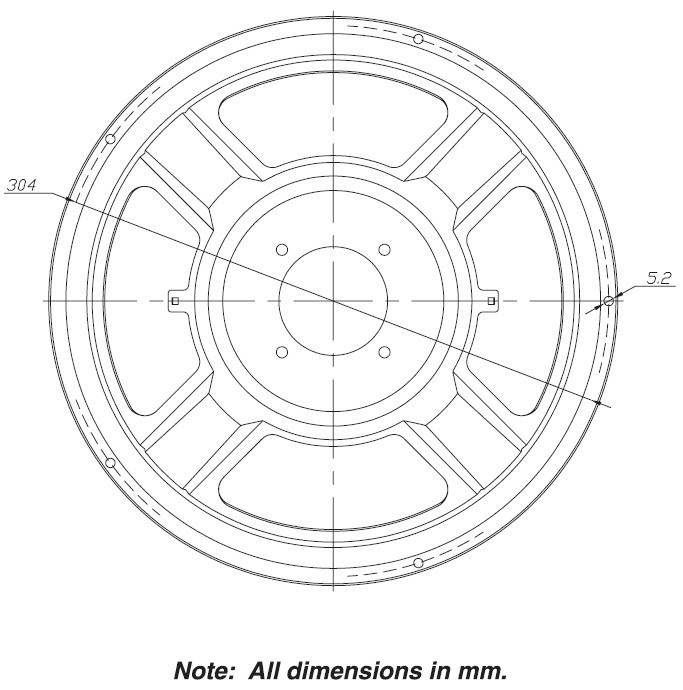 En ritning av en passiv radiator med specifikationer i mm.