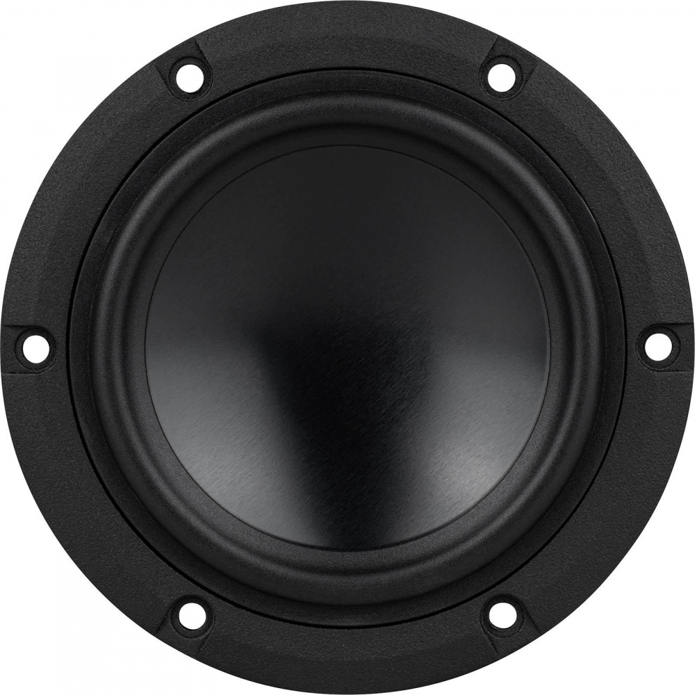 En 4-tums midbas/mellanregister med svart yta och rund form.