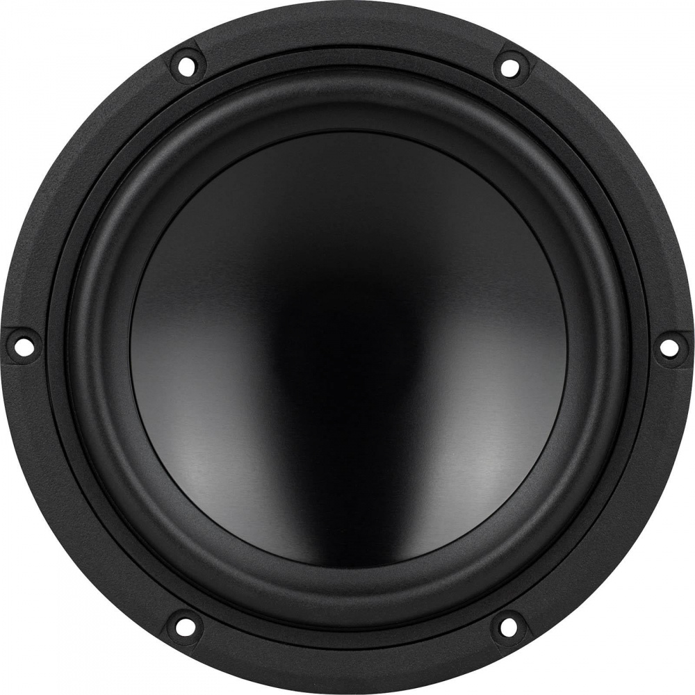 En 6,5 tum midbas/mellanregisterhögtalare med svart membran och ram.