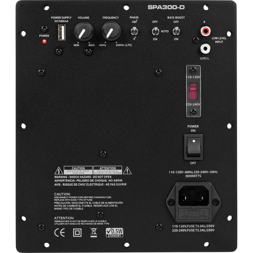 Bakpanelen av en inbyggnadsförstärkare med olika kontroller och anslutningar.