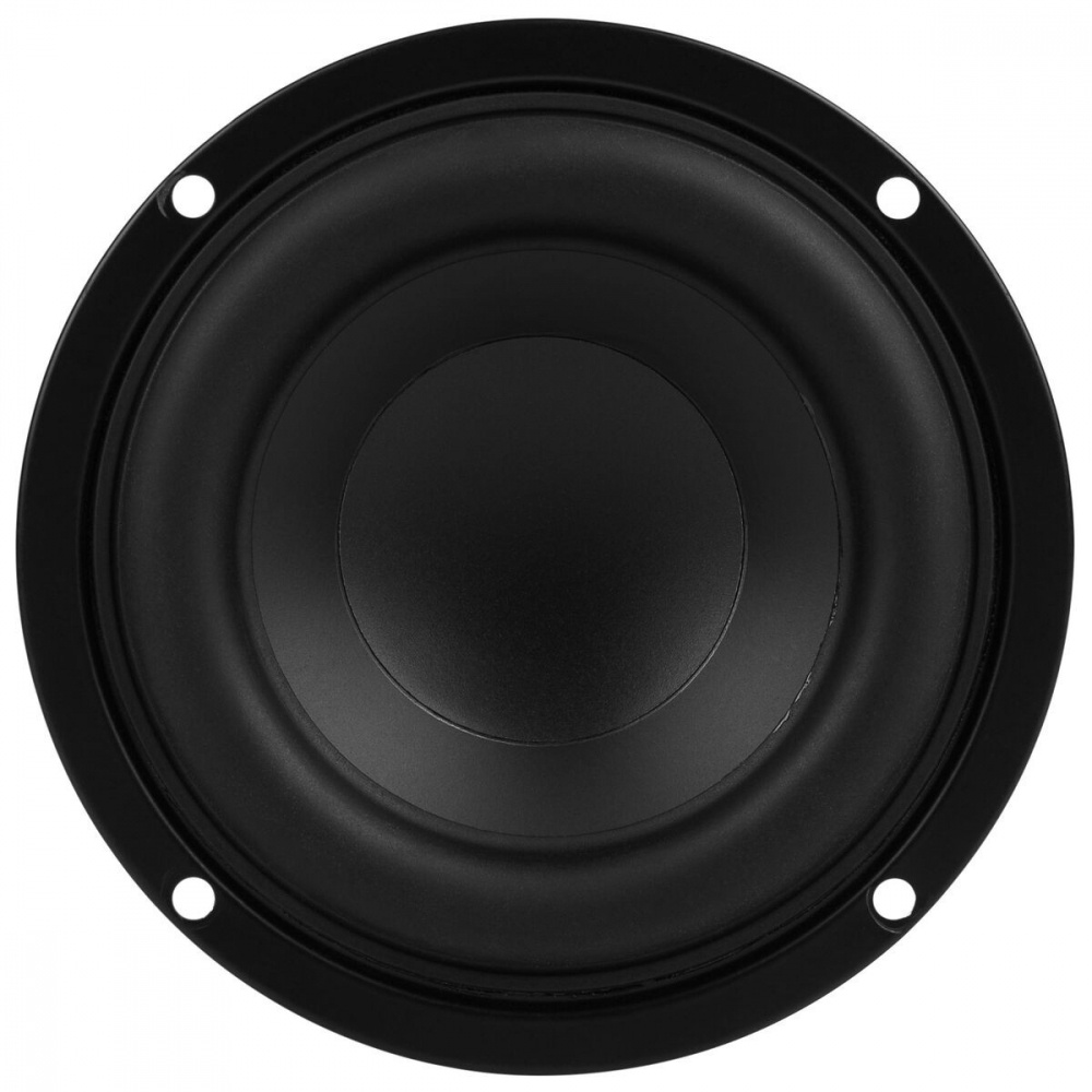 En svart 4-tums midbas högtalare med slät kon och monteringshål.