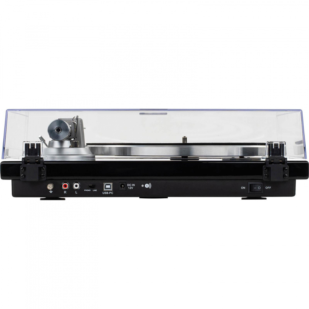 Skivspelare med Bluetooth, USB och inbyggt RIAA, svart design.