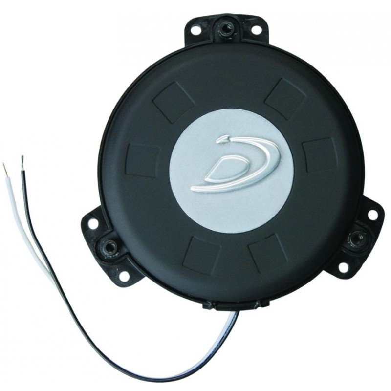 Mini bass shaker med en rund svart design och anslutningskablar.