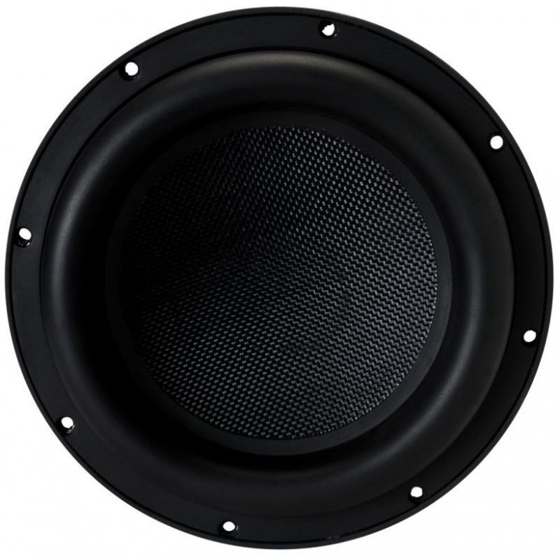 En rund högtalare med svart galler och kon.