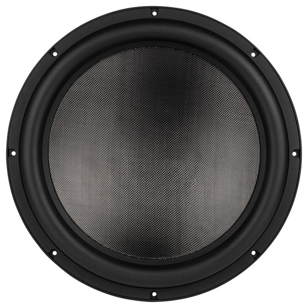 En rund högtalare med svart galler och kant, avsedd för basåtergivning.