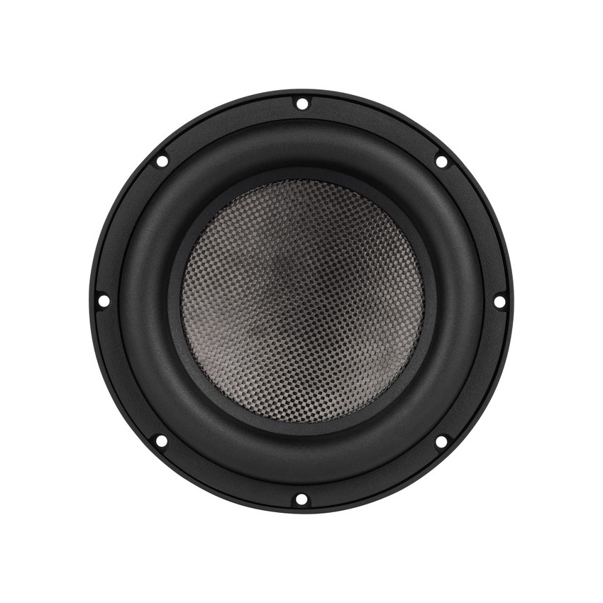 En rund svart högtalarkona med galler och monteringshål.