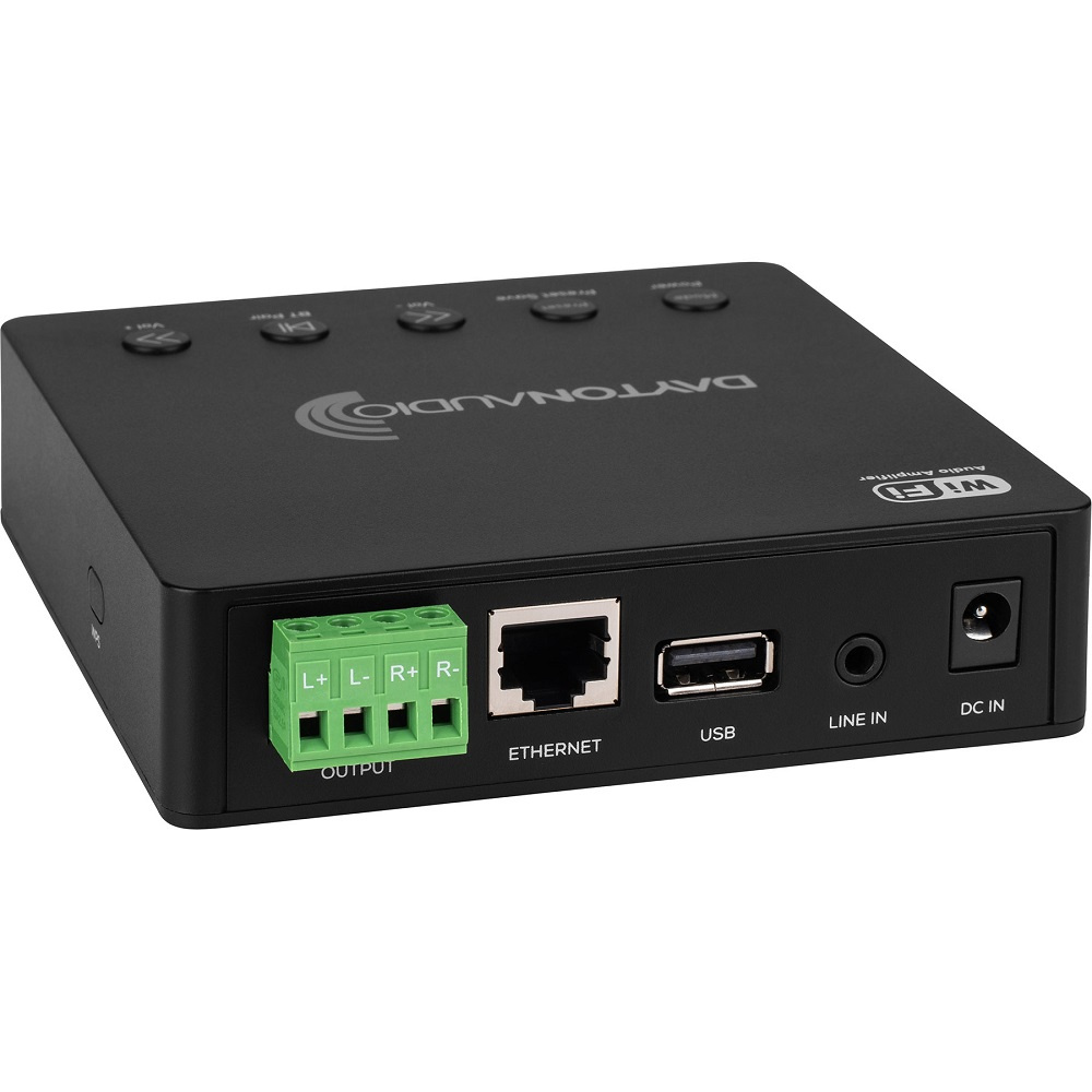 En svart förstärkare med WiFi och Bluetooth, anslutningar för ljud och nätverk.