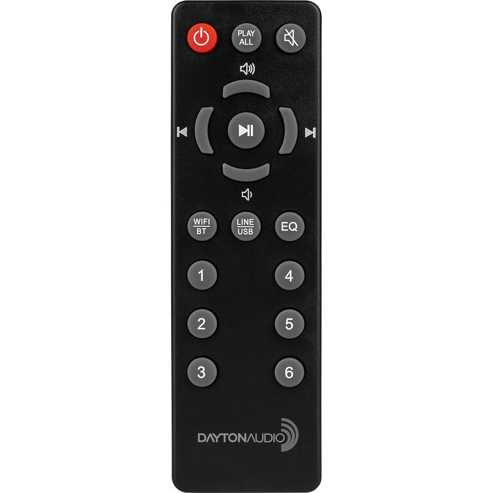 Fjärrkontroll med knappar för styrning av Dayton Audio WB40A.