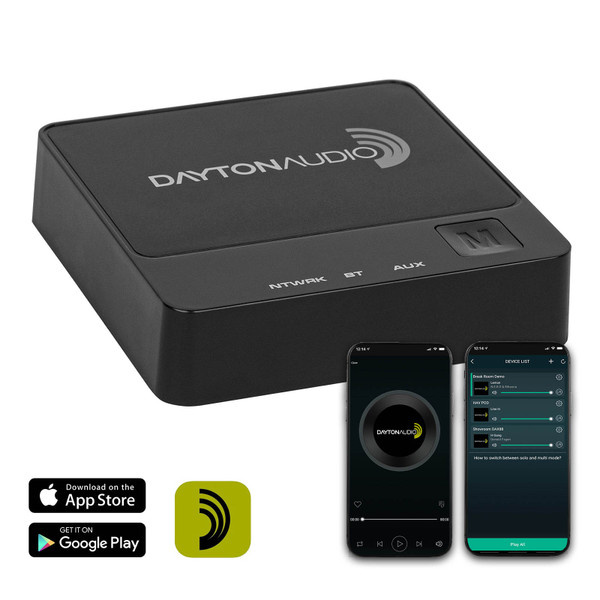 Nätverksstreamer med Bluetooth och Wi-Fi, svart design.