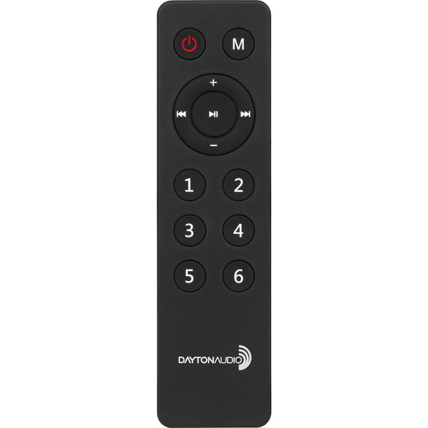 Fjärrkontroll med knappar för musikuppspelning och inställningar.