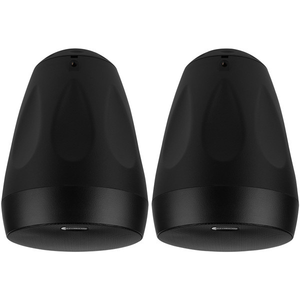 Svarta högtalare för inne- och utomhusbruk, väderbeständiga design.