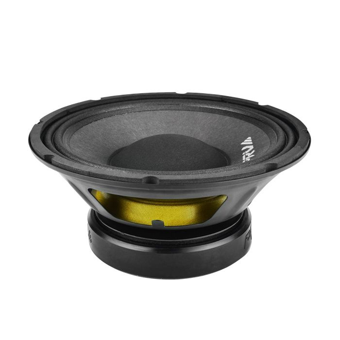 En 10-tums midbas med svart kon och gul spole. 4 ohm impedans.