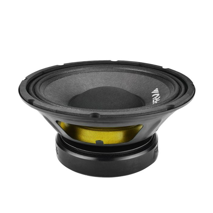 Ett 10-tums midbas element med svart kon och gul inneslutning.