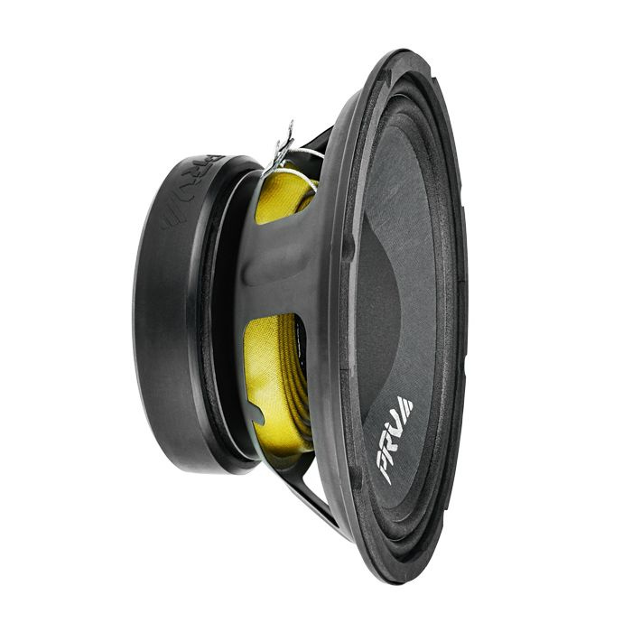 En 10-tums midbas med svart membran och gul spole.