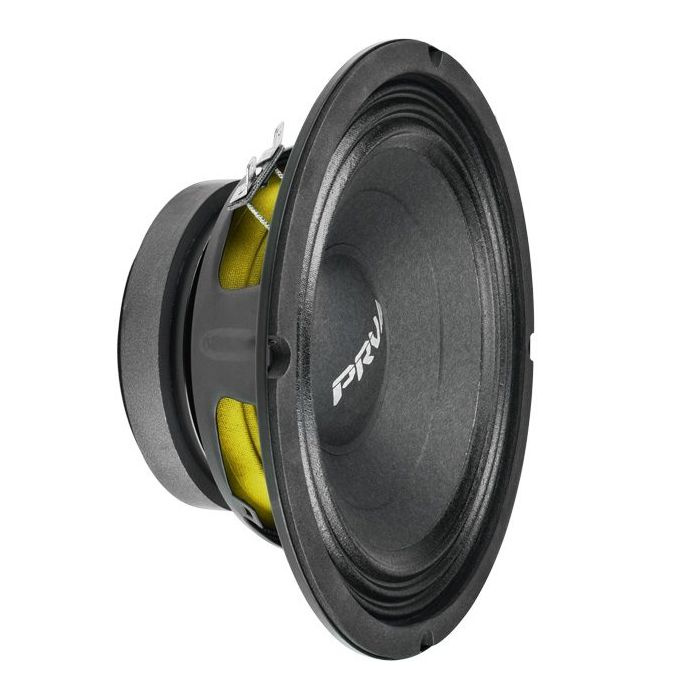 En 8-tums midbas-högtalare med svart och gul design.