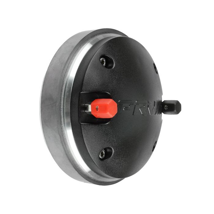 En cirkulär ljuddrivare med svart yta och röd kontakt.