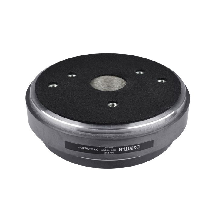 Högtalardrivare med metallkapsling och filtklädd yta.