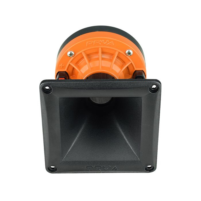 Mellanregister-driver med horn, svart och orange design.