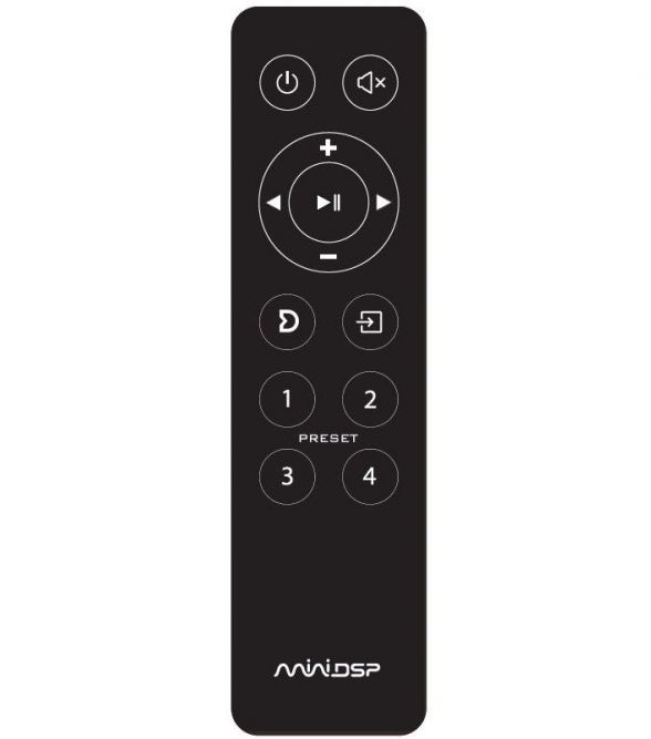 Fjärrkontroll med knappar för ljudhantering och presets.