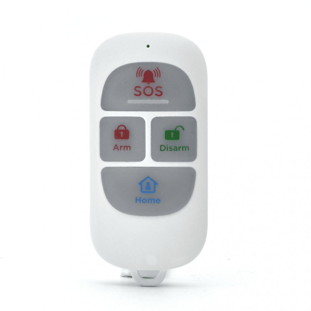 Fjärrkontroll med knappar för SOS, armér, avarmér och hem.
