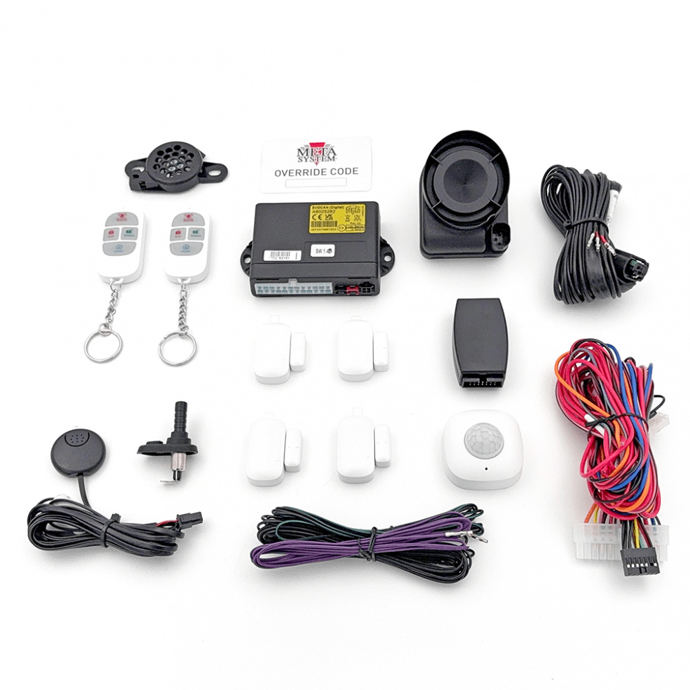 Larmset med magnetkontakter, rörelsesensor och fjärrkontroller.