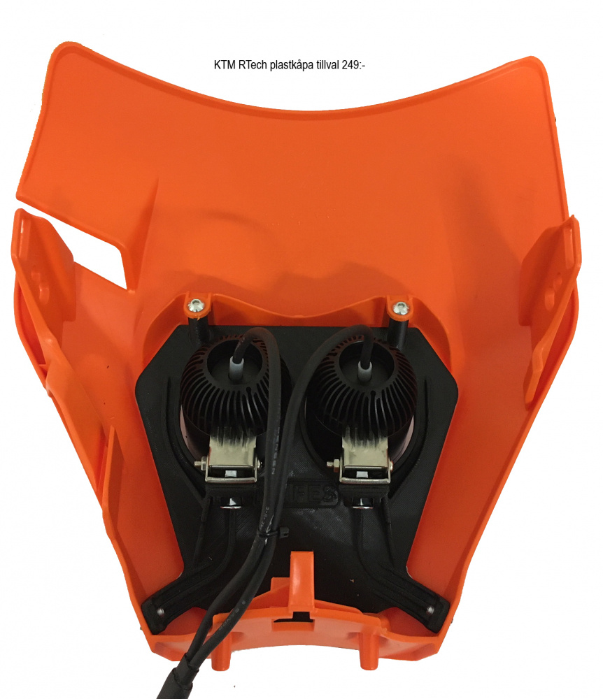 Lampfäste i orange plast med två fläktar, avsett för KTM-modeller.