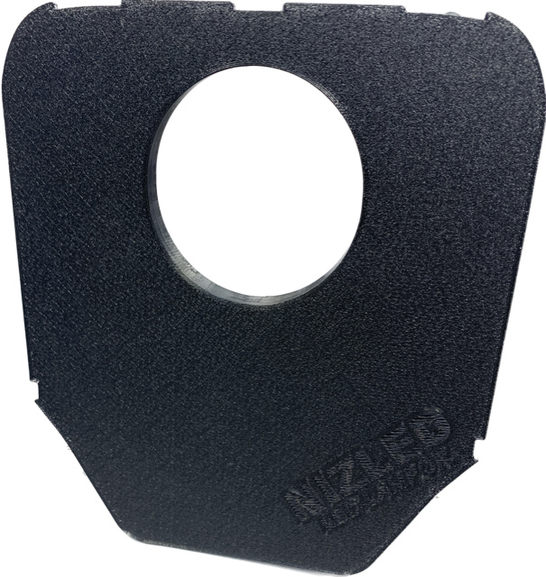 En svart lamphållare av plast med ett runt hål i mitten.