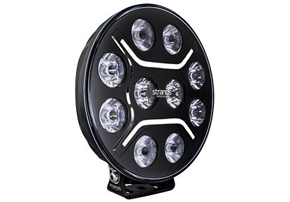 Extraljus med åtta ljuskällor, svart och orange design för kraftfull belysning.