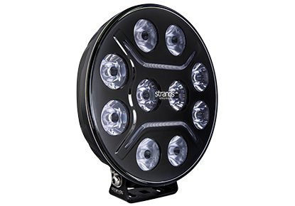 Extraljus med åtta LED-lampor och orange positionsljus, svart rund design.