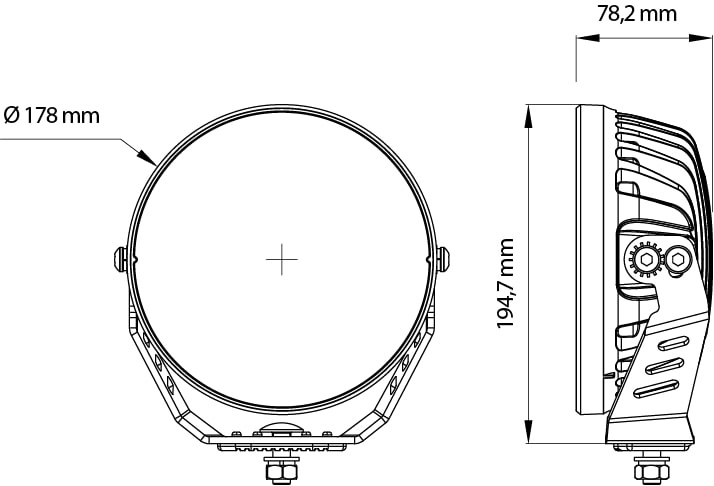 Extraljus med orange positionsljus, mått och designspecifikationer.