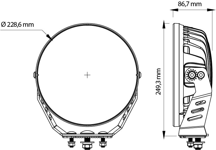 Ritning av extraljus med mått och monteringsdetaljer.
