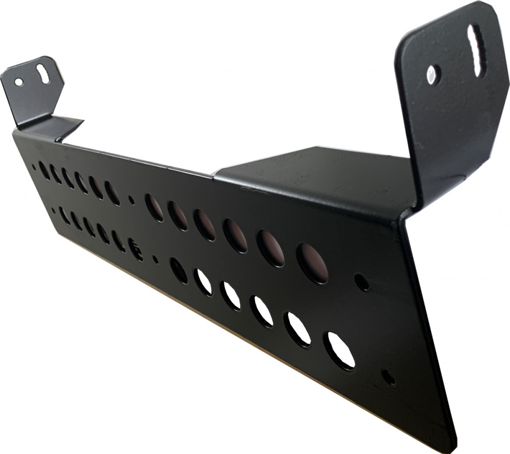 Fäste till LED-ramp, svart metall med hål för justering och montering.