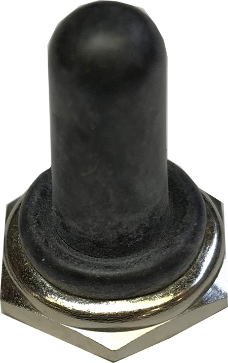 Skyddskåpa för vippströmbrytare, rund och svart med metallbas.