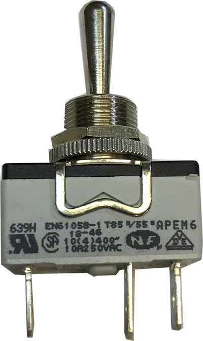 Vippströmbrytare on/off/on 15A i rostfritt stål med tre terminaler.