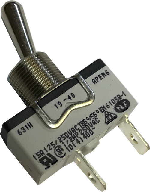 Vippströmbrytare ON/OFF 15A med rostfritt handtag och elektriska kontakter.