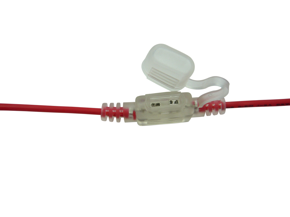 Vattentät mini säkringshållare med röd kabel och genomskinlig kapsling.